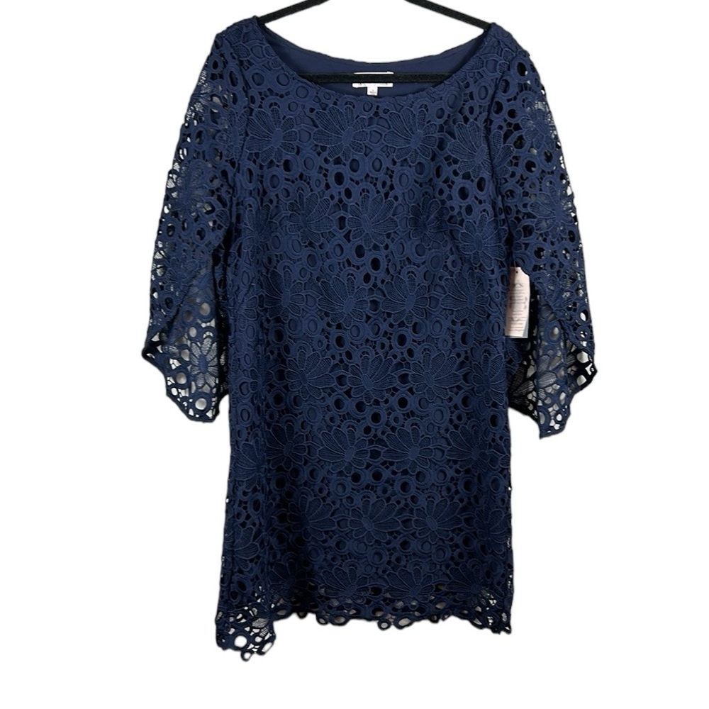 Nanette Lepore Dark Navy Crochet Eyelet Split Bell Sleeve Shift Dress Size 12 - Picture 2 of 10